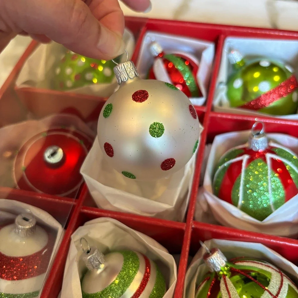 Crate and Barrel Glass Ornaments Set of 12 Red Green Glitter Handcrafted Czech